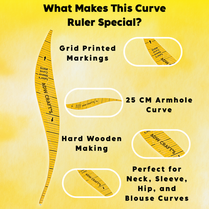 Tailoring Curve Ruler – 25 CM Flexible Armhole Curve Scale – Sewing French Curve Tool for Neck, Sleeve, Hip, and Blouse Pattern Making – Yellow wooden